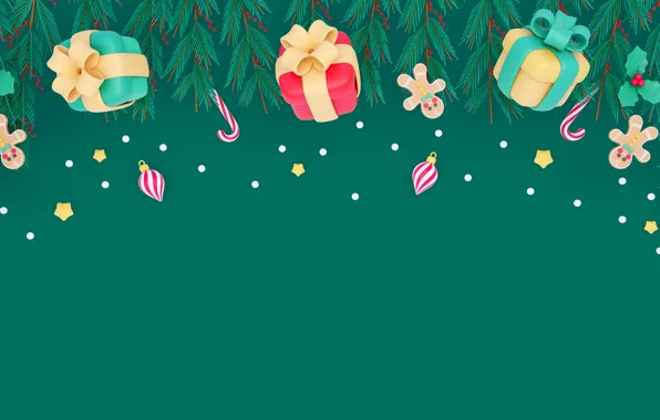 Balls, branches, rendering, men, cookies, fruit, Christmas, gifts