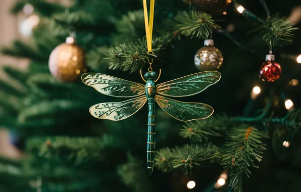 Branches, dragonfly, Christmas, New year, herringbone, needles, Christmas decorations, AI art
