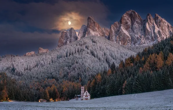 Autumn, forest, mountains, Italy, Church, Italy, The Dolomites, South Tyrol
