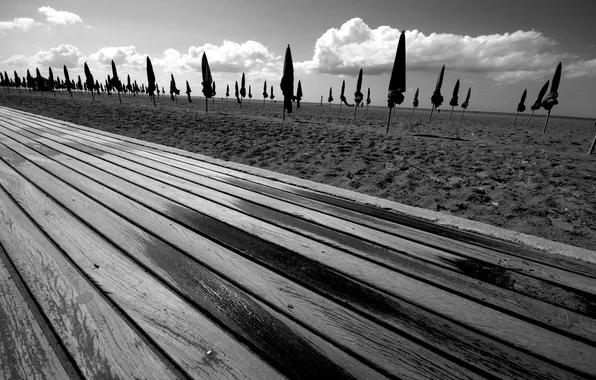Sand, beach, the sky, photo, Board, b/W, umbrellas