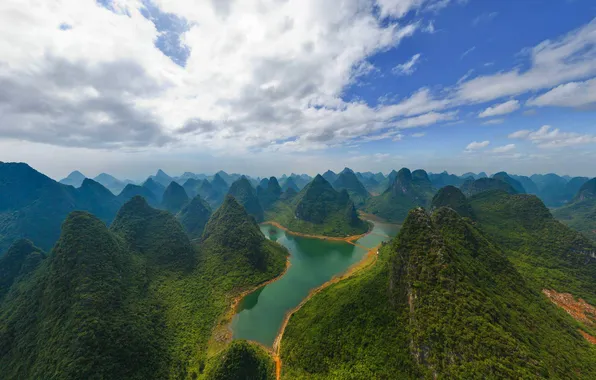 Forest, the sky, clouds, trees, mountains, nature, river