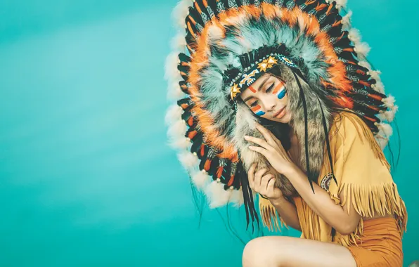 Picture girl, face, style, background, clothing, feathers, paint, headdress