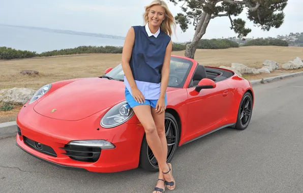 Picture look, girl, smile, Girls, Porsche, red car, Maria Sharapova