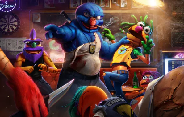 Bar, fight, art, disassembly, police, Grover, THE STREETS, Muppet