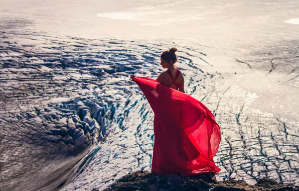 Picture girl, glacier, Alaska, Alaska, red dress, Kenai Fjords National Park, Harding Icefield, Kenai Mountains