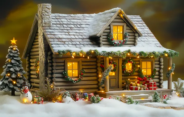 Winter, light, snow, house, toy, Windows, Christmas, New year
