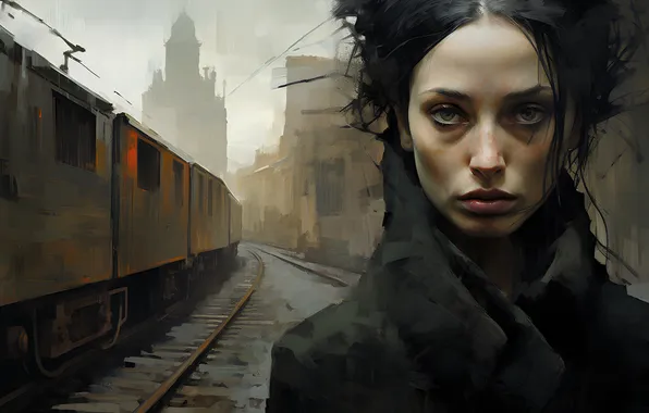 Sadness, girl, fog, sadness, rails, station, train, cars