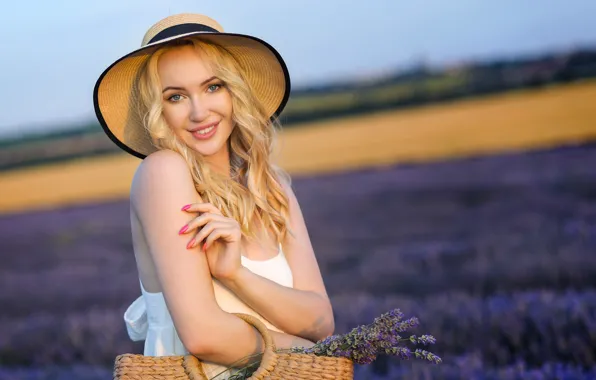 Picture field, look, girl, pose, smile, hat, hands, blonde