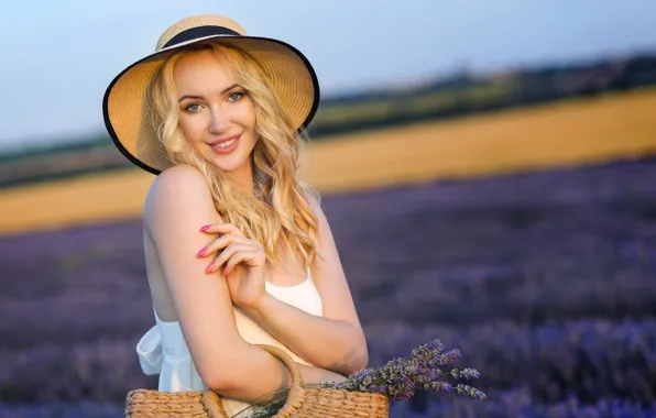 Field, look, girl, pose, smile, hat, hands, blonde