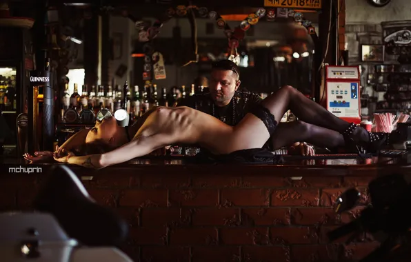 Girl, pose, man, bar, stockings, figure, the bartender, Natalia Kashtanova