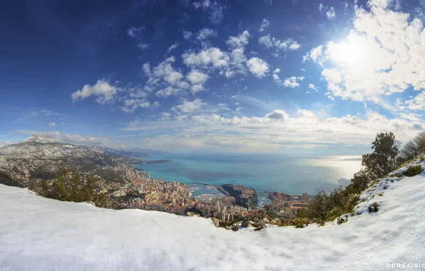 Winter, sea, snow, city, home, Monaco