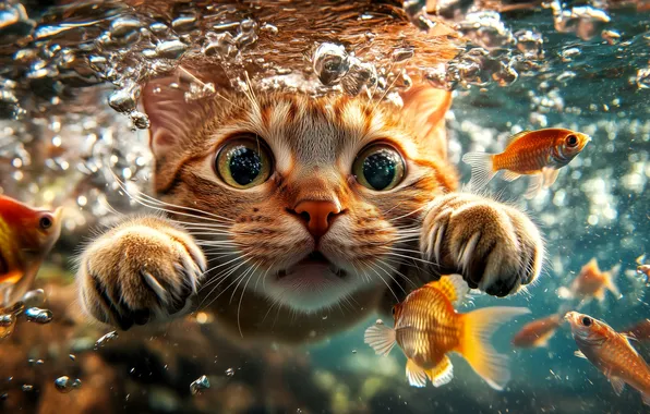 LOOK, WATER, BUBBLES, FACE, PAWS, EYES, RED, FISH