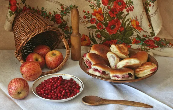Basket, apples, still life, cakes, cranberry