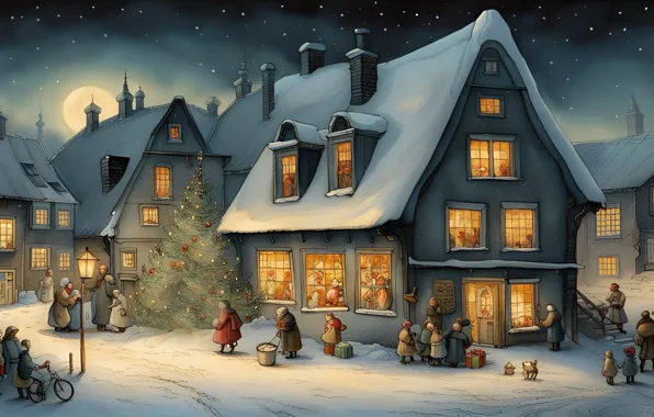Picture winter, snow, house, people, Christmas, New year, house, AI art