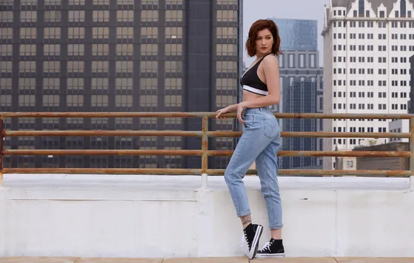 Pose, sneakers, jeans, topic, Skye Blue