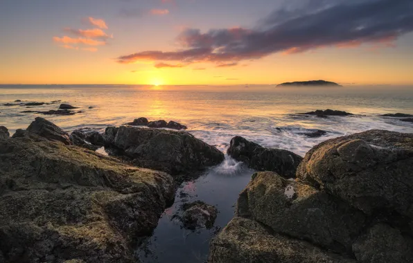 The sun, stones, the ocean, dawn, morning, New Zealand, horizon, Waikato