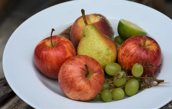 Picture white, summer, apples, Board, food, plate, grapes, lime