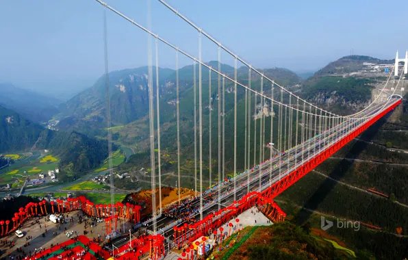 Forest, the sky, mountains, bridge, river, China, Aizhai Bridge, Hunan province