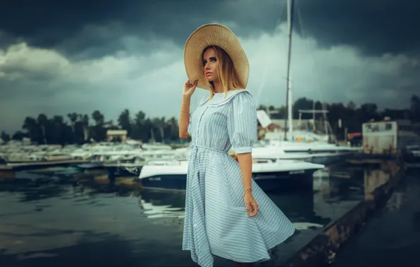 Download wallpaper girl, pose, yachts, hat, dress, port, blonde, boats ...