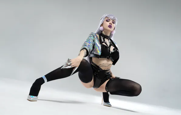 Chest, look, girl, pose, background, stockings, tattoo, shoes