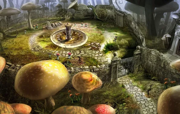 Picture flowers, mushrooms, gate, Alice in Wonderland, Tim Burton