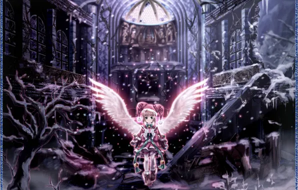 Picture winter, girl, angel, anime, the ruins, Card Captor Sakura