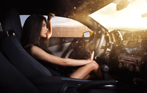 Light, brunette, profile, car, salon