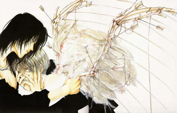 Wings, feathers, hugs, arrows, black hair, angel sanctuary, The abode of the angel, Setsuna Mudo