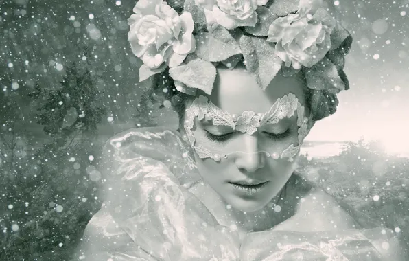 Winter, girl, flowers, style, mood, roses, mask, black and white