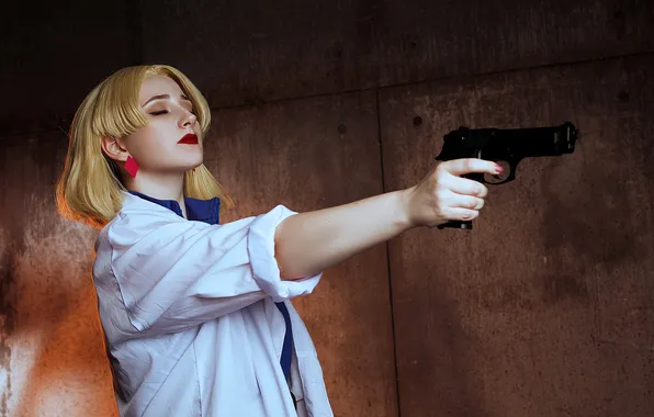 Gun, weapons, blonde, costume, outfit, image, Bathrobe, cosplay