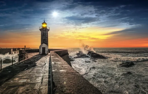 Sea, sunset, lighthouse, Portugal, Porto, Foz do Douro (Mouth of the Douro)