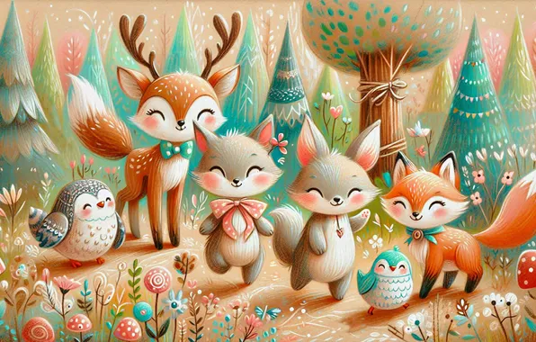 Forest, birds, glade, styling, deer, animals, rabbits, Fox