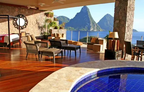 Sea, dream, water, mountains, design, furniture, view, interior