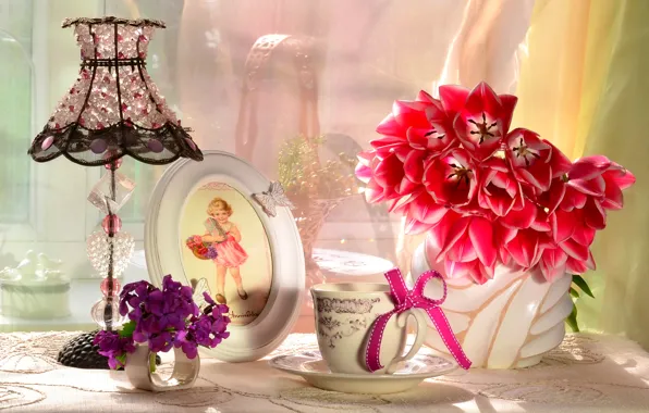 Picture flowers, lamp, bouquet, frame, girl, Cup, tulips, bow