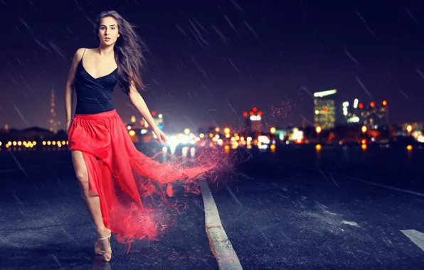 Picture road, look, girl, night, the city, pose, rain, skirt