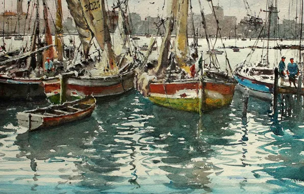 Picture, yachts, boats, watercolor, sail, harbour, seascape, Maximilian DAmico