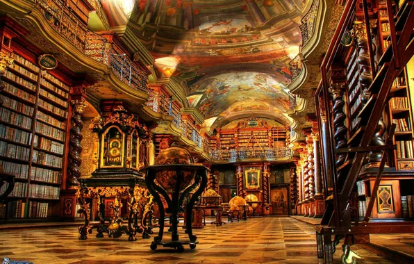 Style, books, ladder, library, luxury, Prague, painting, shelves