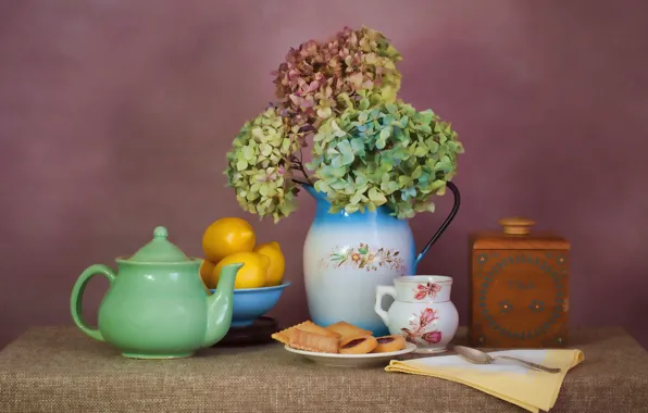 Tea, kettle, cookies, still life, lemons, hydrangea