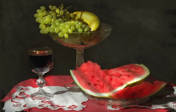 Wine, glass, watermelon, grapes, vase, still life, napkin