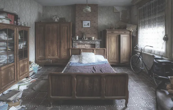 Bike, house, Windows, curtains, mess, bedroom, sunlight