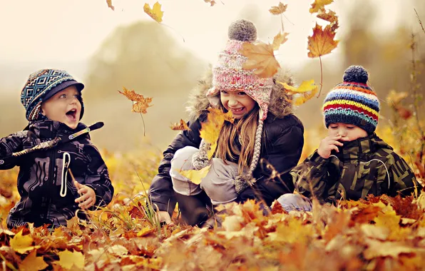 Picture autumn, leaves, children, positive, smile, Mood