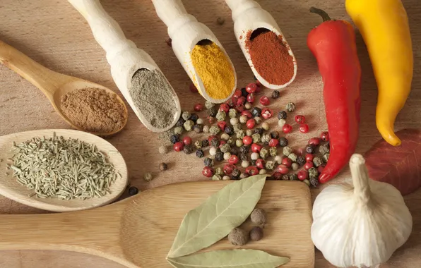 Picture spices, garlic, seasoning, Bay leaf, pods, red pepper, saffron