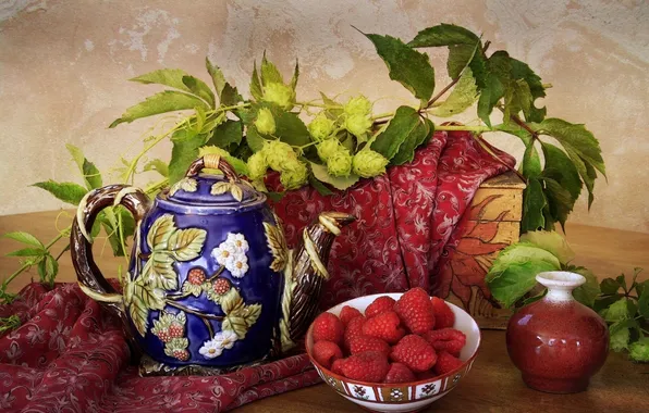 Picture berries, raspberry, kettle, still life, vase, hops