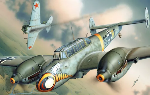 Figure, art, Messerschmitt, Fighter-bomber, Luftwaffe, Destroyer, twin-engine heavy fighter, Bf 110E