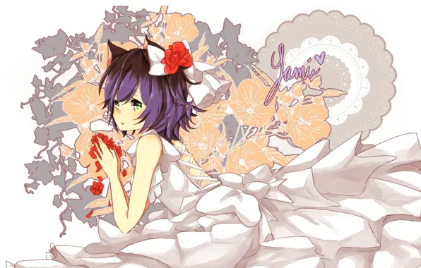 White background, green eyes, wedding dress, ruffles, flower in hair, cat ears, neko girl, by …