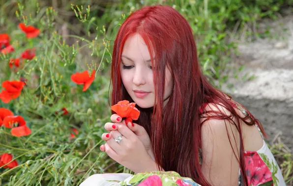 Girl, flowers, nature, mood, sweetheart, beauty, red, girl