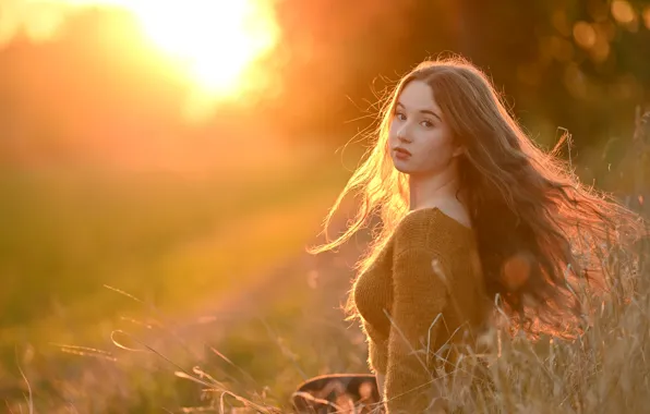 Road, field, grass, look, girl, the sun, rays, light