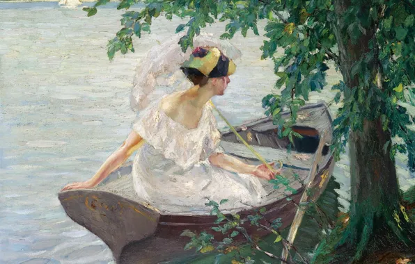 Picture girl, picture, umbrella, Edward Cucuel, Edward Cucuel, Departure by Boat
