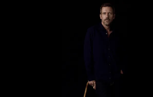 Picture the dark background, cane, actor, shirt, Hugh Laurie, Dr. house, house m.d., Hugh Laurie