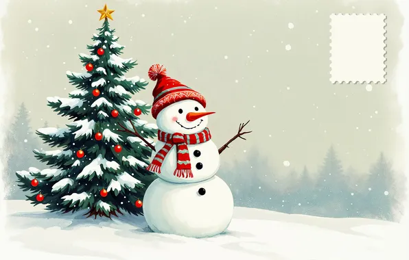 Winter, forest, balls, snow, glade, hat, figure, Christmas